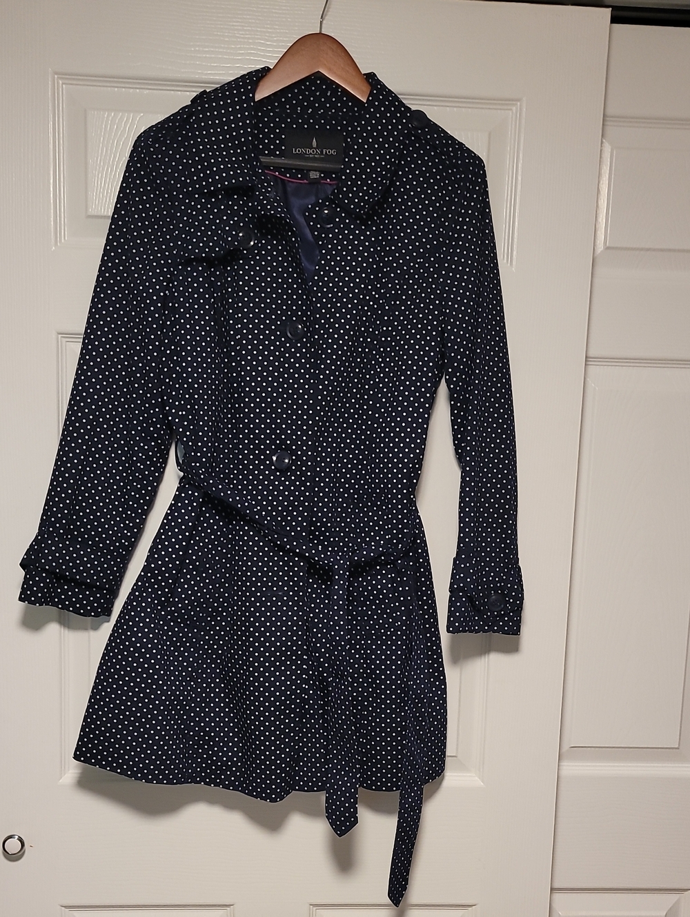 London Fog Navy Polka Dot Tie-Waist Trench Coat